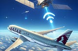 IMAGE: An illustration of a Qatar Airways plane flying high in the sky and receiving WiFi signals from a Starlink satellite. The plane is detailed and clearly marked with the Qatar Airways logo, while the satellite emits WiFi signal waves towards it, set against a clear blue sky with the clouds underneath