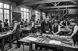 Black-and-white historical-style classroom workshop showing young people learning practical skills at wooden benches under a teacher’s guidance.