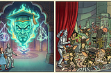 A two panel cartoon. In the first panel is the presented face of a powerful genie wearing a graduation cap projected onto a curtain. In the second panel, we see that behind the curtain is a bunch of gremlins wreaking havoc.