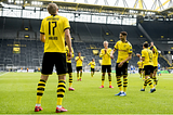 Erling Haaland’s ‘socially distanced’ celebration in Dortmund’s 4–0 win over Schalke as Bundesliga restarts