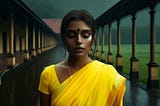 A young Tamil woman in a yellow sari stands next to an old hall with her eyes closed. Behind her is a verdant hill. The sky is overcast, and it seems to be raining.