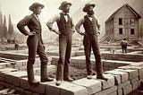 Three stonemasons stand admiring the stone foundation of a large building in an Old West mountain town.