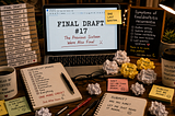 A cluttered writer’s desk with a laptop displaying “Final Draft #17,” stacks of revised drafts, coffee mugs, notebooks, sticky notes, and humorous signs about endless editing and overthinking.