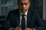 A hyper-realistic digital photograph of a South Asian executive in a dimly lit office, sitting in front of two glowing dashboards — one showing business KPIs, the other showing abstract symbols for peace, stillness, and joy. His expression is contemplative, symbolizing the contrast between external success metrics and internal well-being.