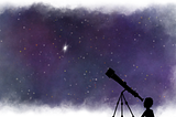 Illustration of a person looking through a telescope to a starry night sky