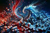 A surreal digital landscape with solid geometric shapes like cubes, spheres, and pyramids deconstructing into swirling vortexes of data and code. The color palette shifts from cool blues on the left to warm reds on the right. The scene has a futuristic, high-tech aesthetic with dynamic movement and transformation, as the shapes break down into streams of data against a dark background.
