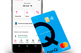A banQi pre-paid card is next to a cellphone showing the banQi app and its options to withdraw, deposit, and transfer money