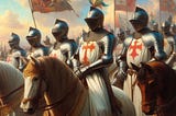 Knights in white satin cloaks on horseback