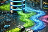 A Black barrrel labeled JSON spews out neon streams of what is presumably data