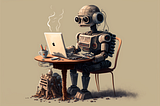 An robot writing an article and drinking a cup of coffee. Midjourney