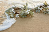 A delicate wreath made of glittering plastic leaves and white pearls rests on beach sand, partially covered by ocean foam. The scene evokes a serene, aesthetic feel.