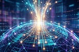 A futuristic digital illustration of a glowing blue globe of interconnected network nodes with golden light streams erupting upwards, symbolizing global connectivity and technological innovation.