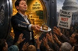 IMAGE: A tech executive offers a tiny slice of wealth to a crowd while standing before a vast vault of AI profits, symbolizing private capture of public value
