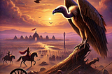 A wise vulture soars over Kurukshetra’s battlefield at dusk, witnessing fallen warriors, broken weapons, and Krishna standing as a silent observer.
