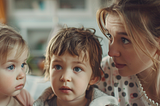 A mother and her two children, one with brown hair and blue eyes, the other blonde with green eyes, looking at each other