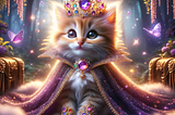 A softly-lit, wide-eyed kitten, bedecked in crown, robe, and jewels, sitting quietly in a splendid garden.