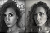 Side-by-side B&W selfies of the author, taken with the same hairstyle, in similar lighting from a nearly identical angle, with a neutral expression