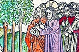 Woodblock print with watercolor showing Jesus and his disciples viewing the withered fig tree