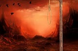 Image of wooden gallows and a rope noose in the foreground, red sky and bird silhouettes in the background