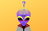 Illustration of purple alien with a question mark over its big head.