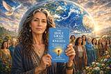 Photo of woman holding a book The Holy Grail and Her Knights with women from all over the world standing behind her and supporting her