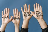 All Forms of Resistance.jpg in Canva Files folder] Four hands raised in the air with Stop Fascism Our Future In Your Hands written on them.