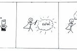 3 frame cartoon of a stick figure magician putting a csv into a magician hat, then a cloud with the word Kafka!, then magically turned into a fire hydrant labeled data stream with water coming out the hose