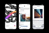 3 screenshots of the Threads App by Instagram, the homepage, the home feed, and posting an image