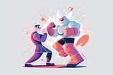 comic picture showing a human fighting against an AI