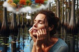 A 39 year-old woman with sweat drops rolling down her face on the dock of a cypress swamp while dreaming of colorful autumn leaves