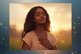 A beautiful African-American woman standing in a field with her hand over her heart, signifying her connection with her soul and experiencing awakening and personal growth.