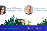 Decorative header image featuring the headshots of Aayushi Bhargava, lead engineer, Lightning App Builder, and Nate Hossner, senior product manager. The tagline reads: Meet designers at TrailblazerDX.