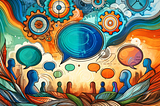 An abstract illustration symbolizing emotional intelligence and soft skills in the workplace. The image uses warm colors like reds, oranges, and yellows. It features a brain and interconnected human figures representing empathy, self-awareness, and teamwork. The composition is balanced and engaging, highlighting the key elements in a visually appealing manner. The interconnected nodes emphasize collaboration and the dynamic flow of ideas and emotions in a professional setting.