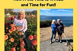 Photos of woman in a dahlia field and on a walk by the ocean, relaxing after writing.