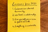 A yellow post-it note with four lessons from 2020