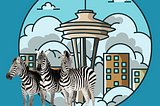 Spece Needle and buildings in background, three zebras in foreground