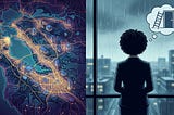 Gemini-generated art showing a glowing tech map of Silicon Valley, adjacent to a woman gazing out at a rainy urban skyline. A thought bubble above her depicts a ladder leading to an open door, symbolizing career aspiration.