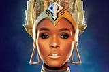 Janelle Monáe’s face from the cover of her album Archandroid. She is wearing a crown or headdress resembling skyscrapers.