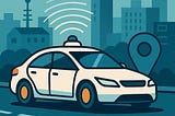 IMAGE: A stylized city scene shows a self-driving car emitting wireless signals as it navigates urban streets, symbolizing the rise of robotaxis and connected autonomous mobility