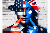 On the left a man in a hat is covered by a US flag, on the right a woman covered by an Australian flag