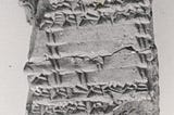 Grey clay tablet fragment with cuneiform.