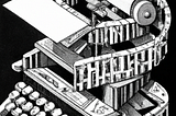 A hand drawing of a printing press turning into a typewriter in the black-and-white style of M. C. Escher, made by Dall-E