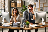 Two people in a modern office setting. On the left, a woman dressed casually with a furrowed brow and slight frown sits at a messy desk with scattered papers and open notebooks, looking at her computer screen perplexedly. On the right, a man, neatly dressed in business attire, sits confidently at an organized desk with a stack of papers, a potted plant, and a photo frame, smiling with satisfaction and leaning back in his chair.