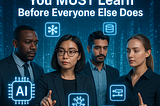 a futuristic, dynamic cover image showing a diverse group of professionals (not programmers) interacting with floating AI icons and holographic shortcuts. In the background, a digital cityscape or data network pulses with light. The people look empowered and focused. Bold modern typography displays the title: “9 AI Skills You MUST Learn Before Everyone Else Does”