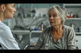 An older woman in a wheelchair talking to a nurse.