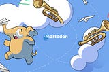 A cloudy sky full of paper aeroplanes, trumpets tooting and a Mastodon about to throw a paper aeroplane using its trunk