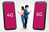 Image of a boy and girl checking their phone about 5G vs 4G Prepaid Plan and sand standing between two smartphones.