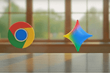 Chrome logo beside colorful Gemini symbol floating in a bright room with wooden floor and windows.