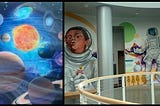 A split image showing space-themed art. On the left is a vivid digital-style illustration of the solar system, with the Sun at the center surrounded by planets including Earth, Saturn, and Jupiter, all set against a starry galaxy background. On the right is a wall mural inside a building, featuring a young Black child in a spacesuit blowing bubbles, and an astronaut floating beside a swirling galaxy, monarch butterflies, and a background of mountains and trees.