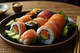 A beautifully arranged sushi platter featuring salmon-topped nigiri and rolls, garnished with wasabi and served on a bamboo mat for an elegant dining experience.